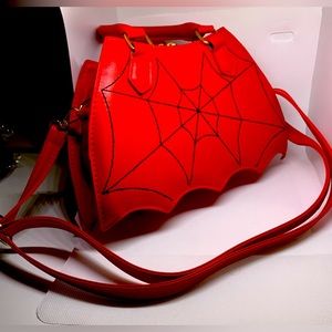 Spider web purse red and black shoulder bag batwing shaped spider goth emo Wicca